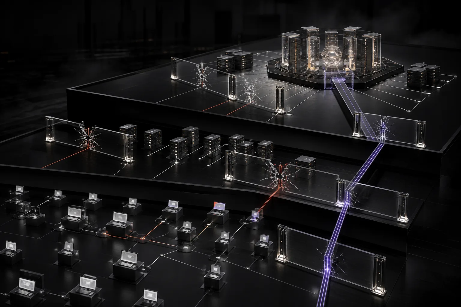 A layered dark glass identity architecture where unsafe paths from workstations and servers are severed before reaching a protected control-plane core.