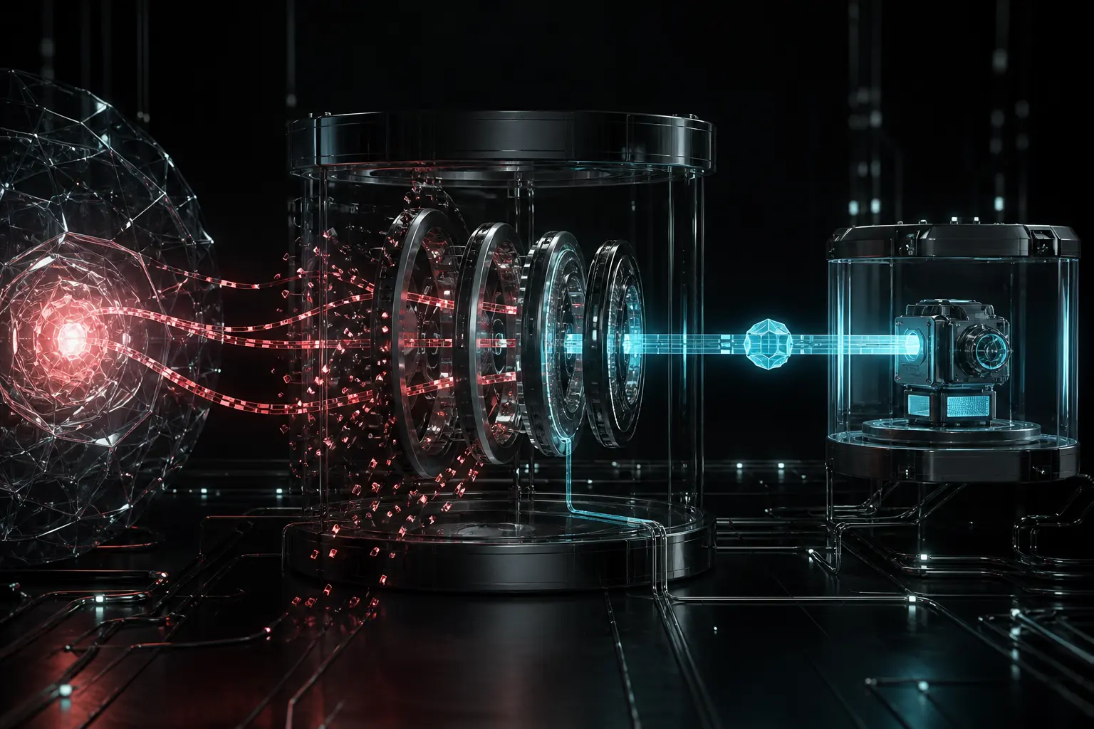 A cinematic glass policy broker stops fragmented red AI proposals and passes one narrow cyan capability toward an isolated worker chamber.