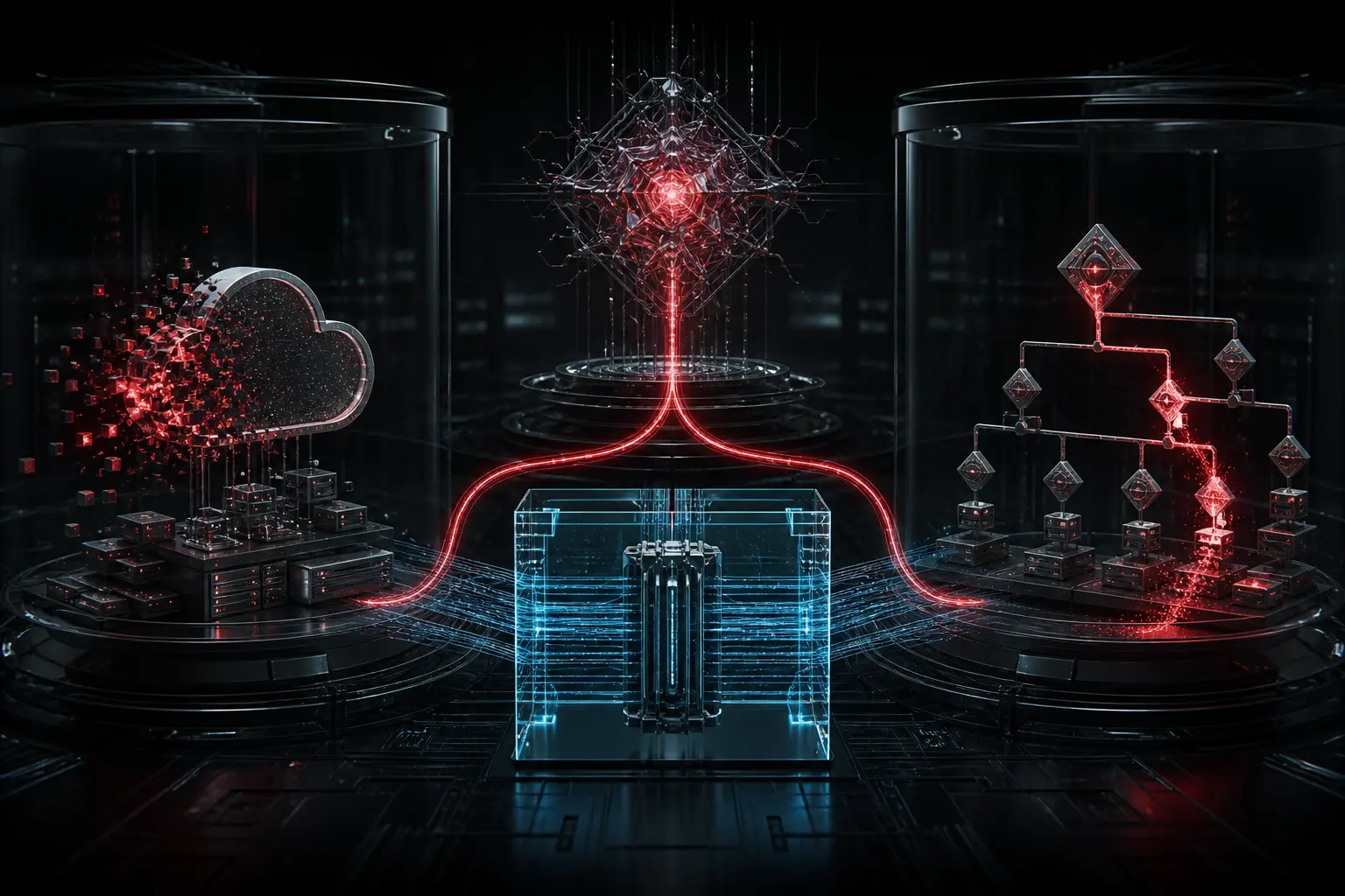 An abstract AI core sends two red action paths toward a fragmenting cloud resource and a cascading enterprise directory, while a cyan policy gate stands between proposal and execution.