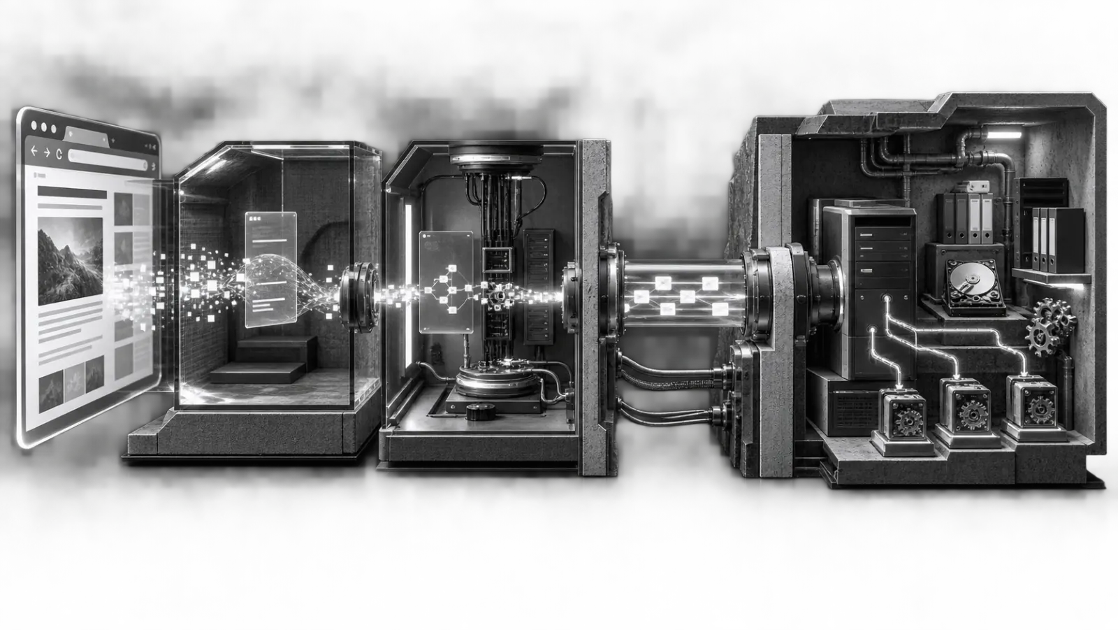 Architectural cutaway showing a web page crossing isolated extension chambers and a framed message conduit before reaching native filesystem and process machinery.