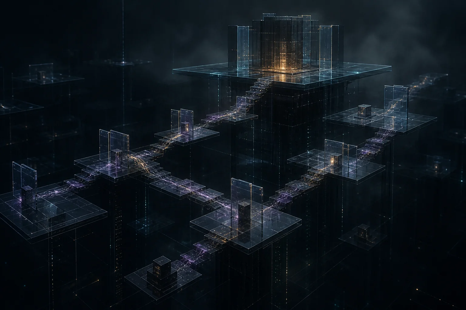 Small glass permission bridges connect isolated cloud platforms into one continuous path toward a central authority.