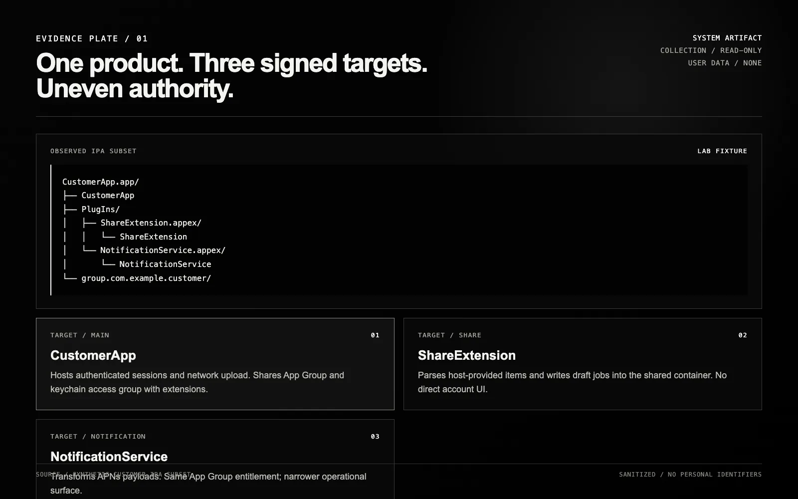 Evidence plate showing a synthetic IPA subset with a main app, Share extension, and Notification Service as separate signed targets under one App Group.