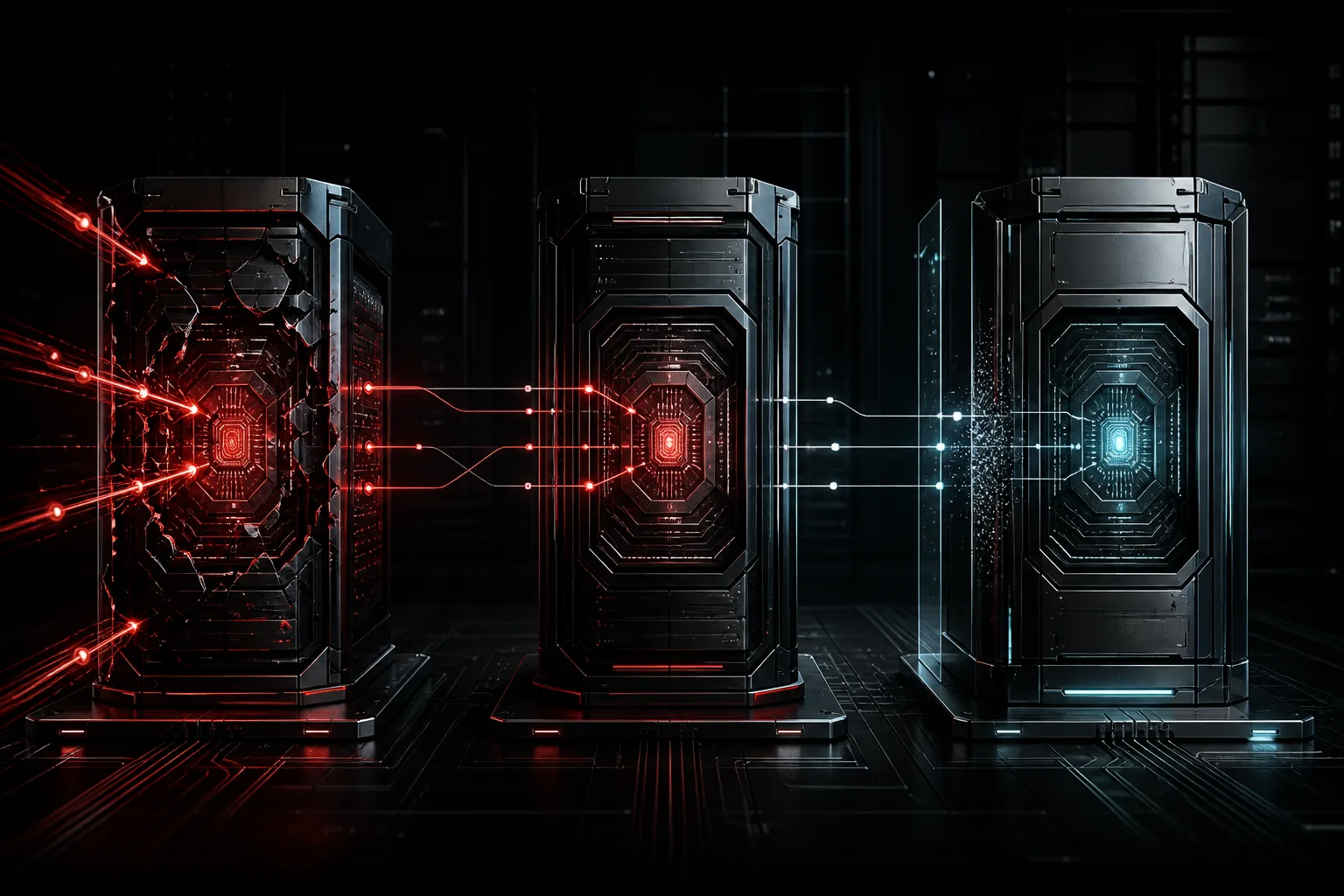 Three dark Linux server chambers progress from exposed red paths through a score-driven middle state to a verified cyan hardened state.