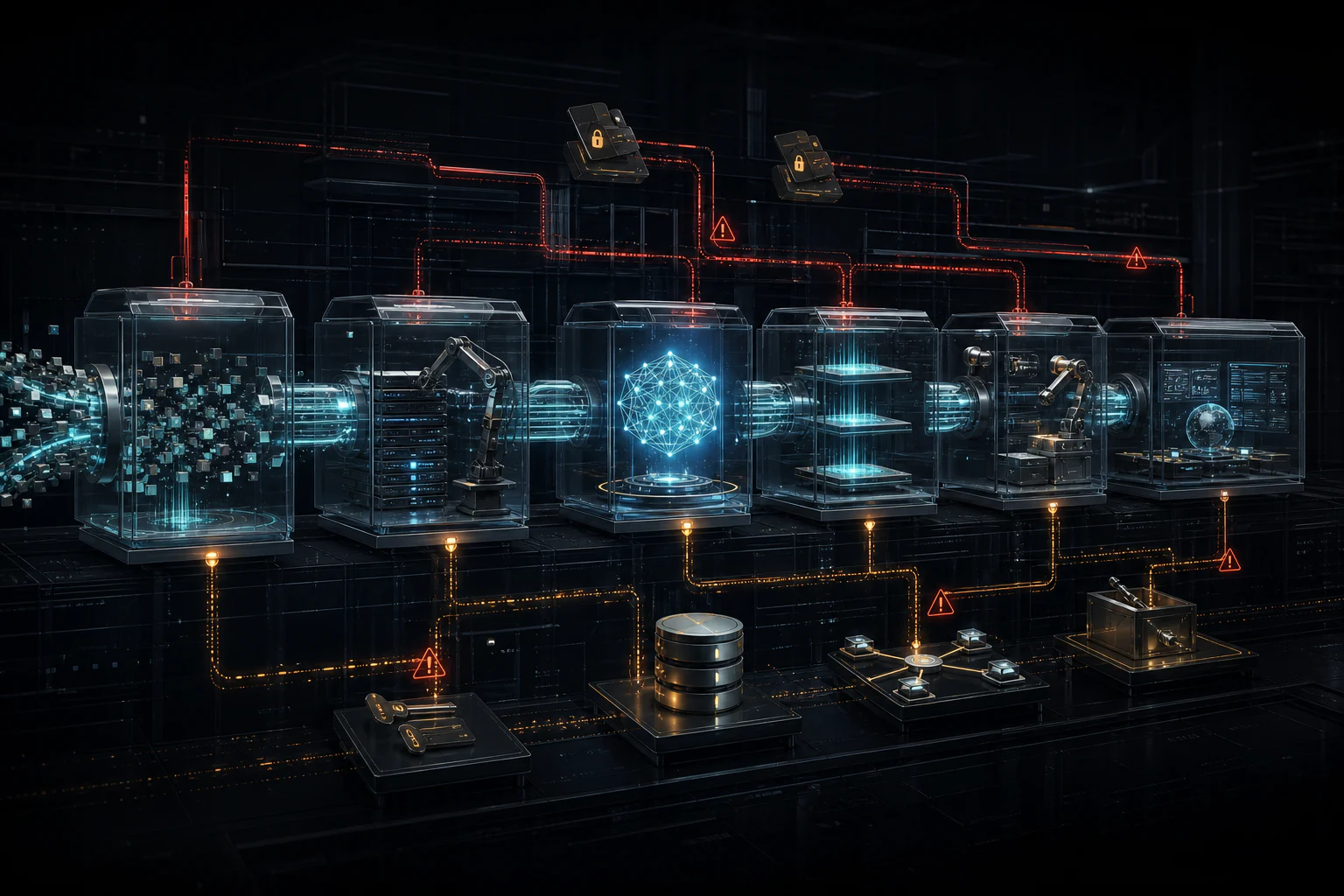 A cinematic AI production pipeline with separate glass chambers for data, build systems, a model, storage, tools, and applications, crossed by cyan data flows and amber attack paths.