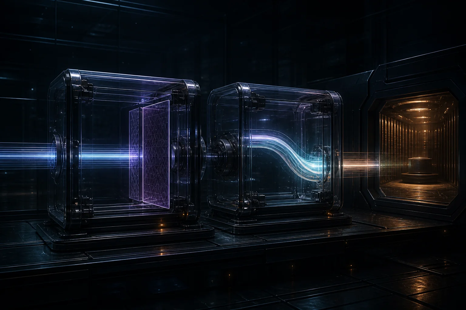 One luminous route enters two transparent parsing machines and emerges as a curved path into a protected chamber.