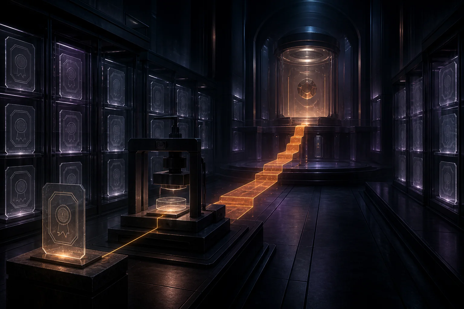 A forgotten certificate template connects through a press to an elevated amber path toward a central authority chamber.