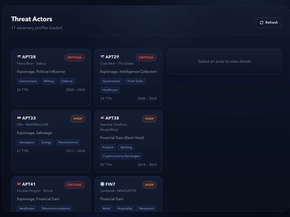 GothamCity threat actor library displaying built-in adversary profiles and their ATT&CK technique counts