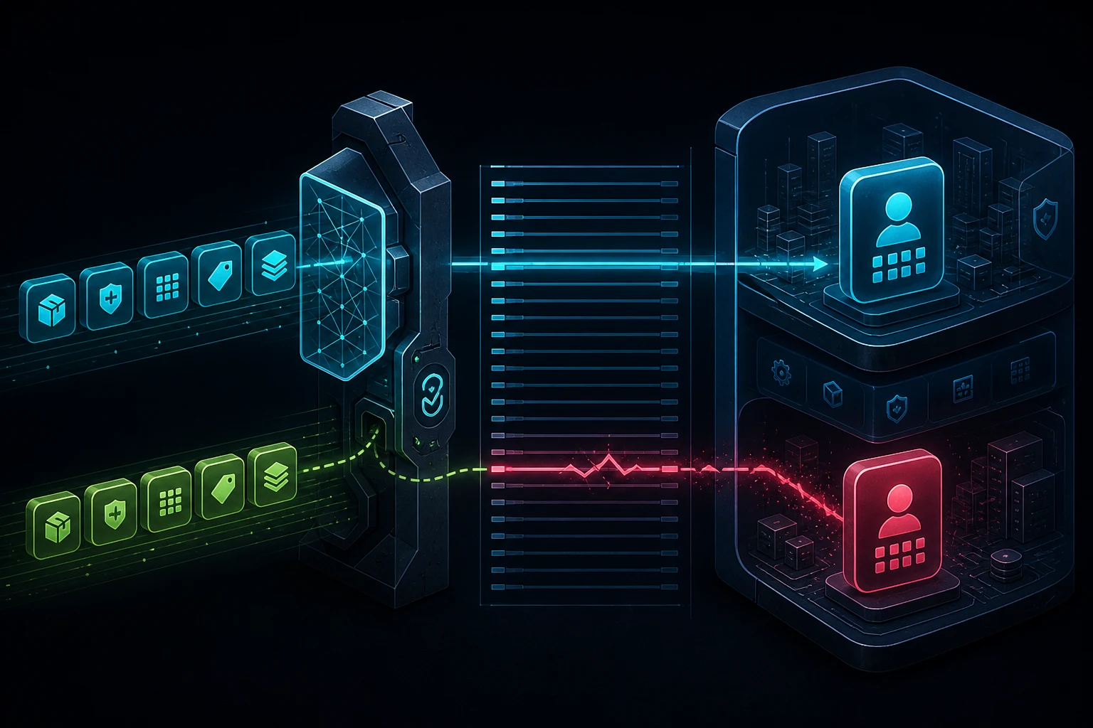 Two package identity streams cross a validation gate before one fractured ledger line resolves into a forged application identity.