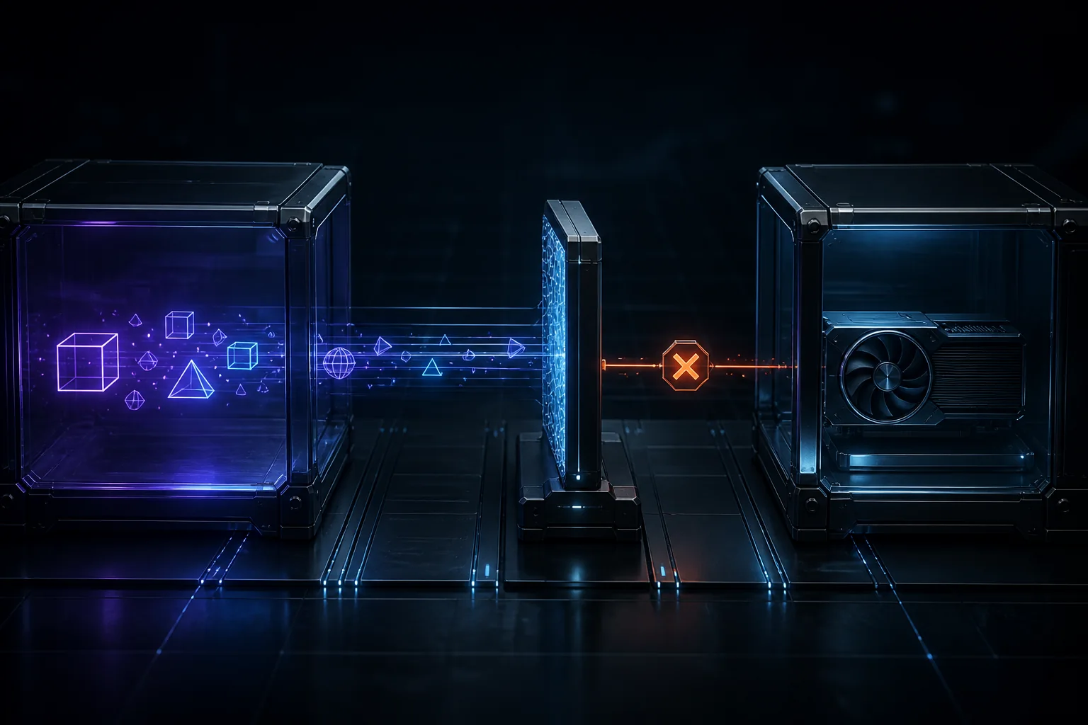 A WebGL geometry stream from a glass browser chamber is stopped by a validation gate before reaching an isolated GPU chamber.