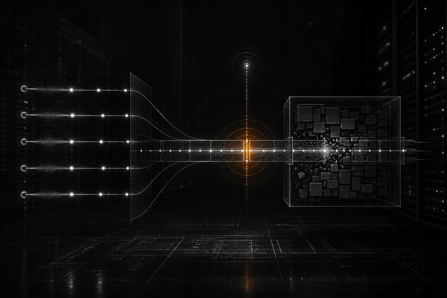 Repeated network timing pulses converge on one narrow signal interruption inside a fragmented server memory chamber.