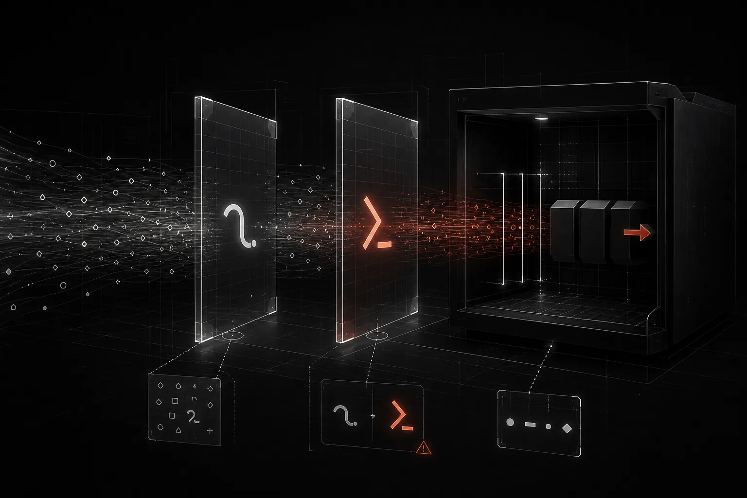 A character stream crosses two dark decoder planes and changes into a command option before entering a server process.