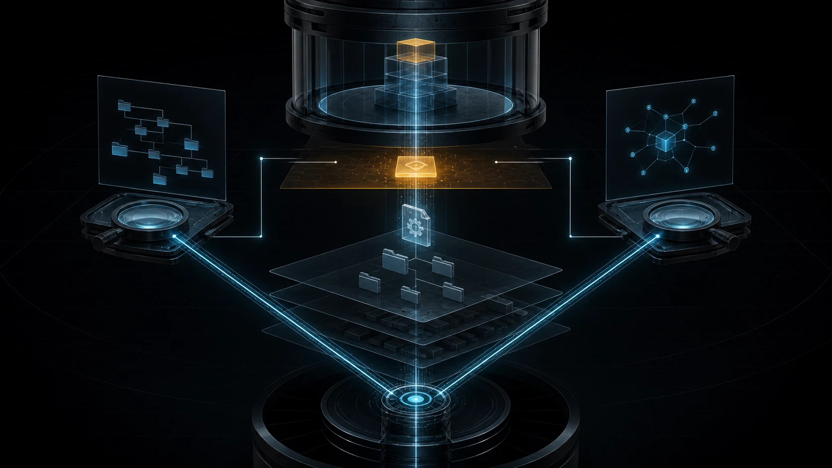 Two forensic measurement channels converge on one executable mapping crossing from a caller-controlled root namespace into a privileged process.