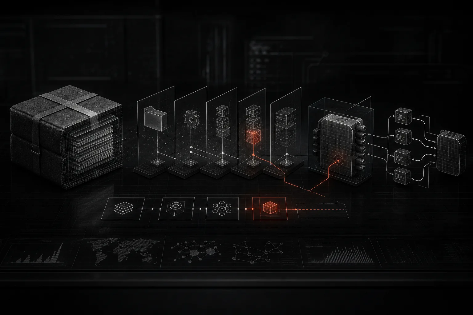A dark software archive unfolds through build layers while one concealed path enters a linked library process.